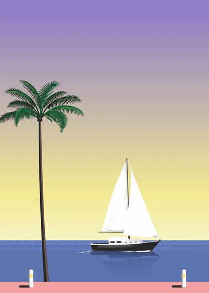 Sailboat and palm tree on a beach with a gradient sky