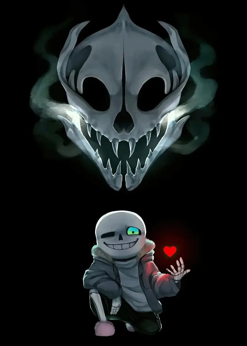 Cartoon skeleton character with glowing eyes and a heart, above a dark background with a glowing skull.