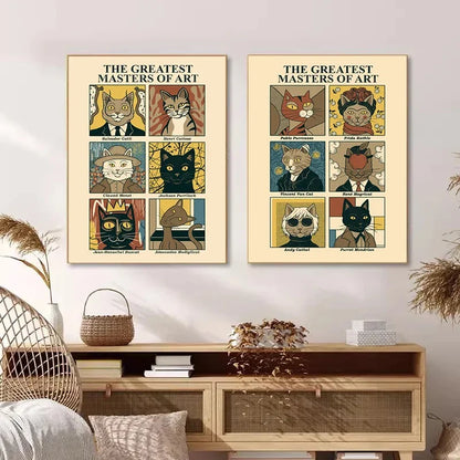 Two framed posters of 'The Greatest Masters of Art' featuring cat caricatures on a wall above a wooden cabinet.