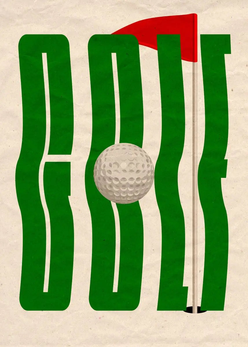 Golf-themed graphic with green letters spelling 'GOLF', a golf ball, and a red flag on a beige background.