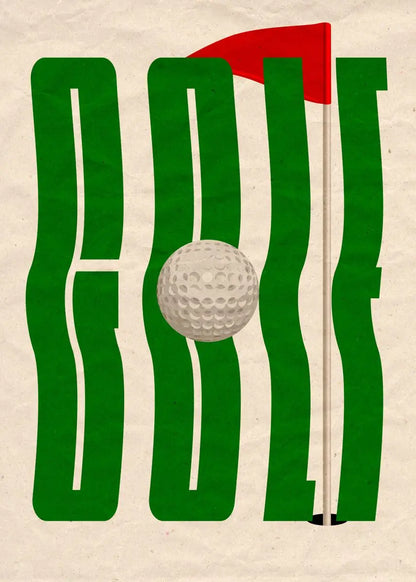 Golf-themed graphic with green letters spelling 'GOLF', a golf ball, and a red flag on a beige background.
