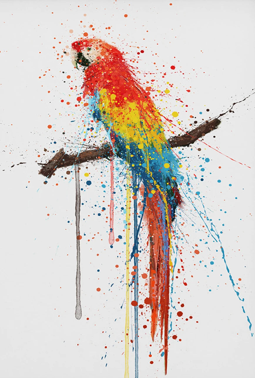 Colorful parrot illustration with splatter art style on a white background