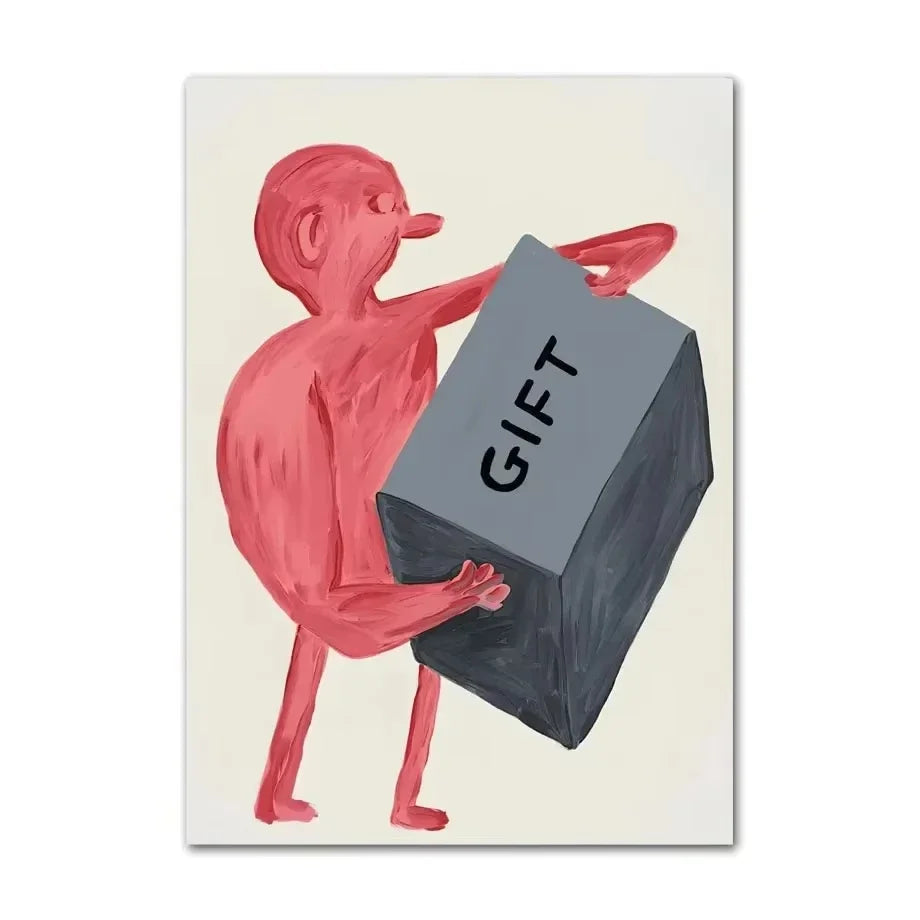 Illustration of a red figure holding a gray 'GIFT' box on a beige background