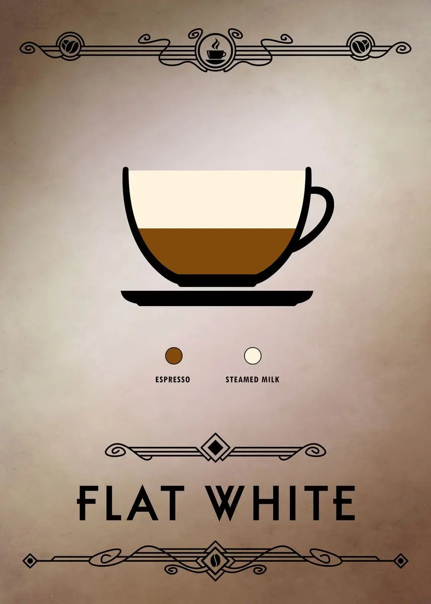 Diagram of a flat white coffee with espresso and steamed milk on a beige background.