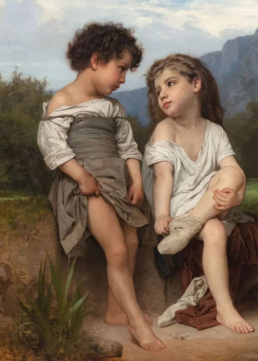 Two children in classical attire sitting outdoors with mountains in the background