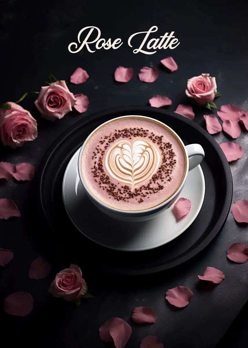 Rose Latte with heart design on top, surrounded by pink roses and petals on a dark background