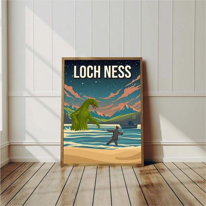Framed artwork of Loch Ness monster and person on a wooden floor with white walls