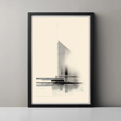 Framed architectural drawing of a building on a plain wall