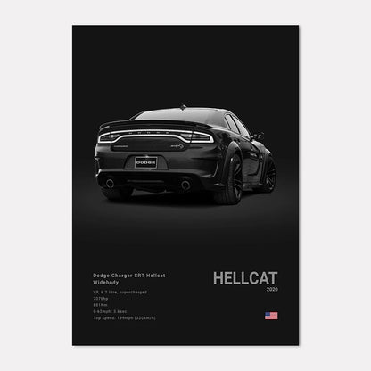 Black Dodge Charger SRT Hellcat Widebody on a dark background with specifications.