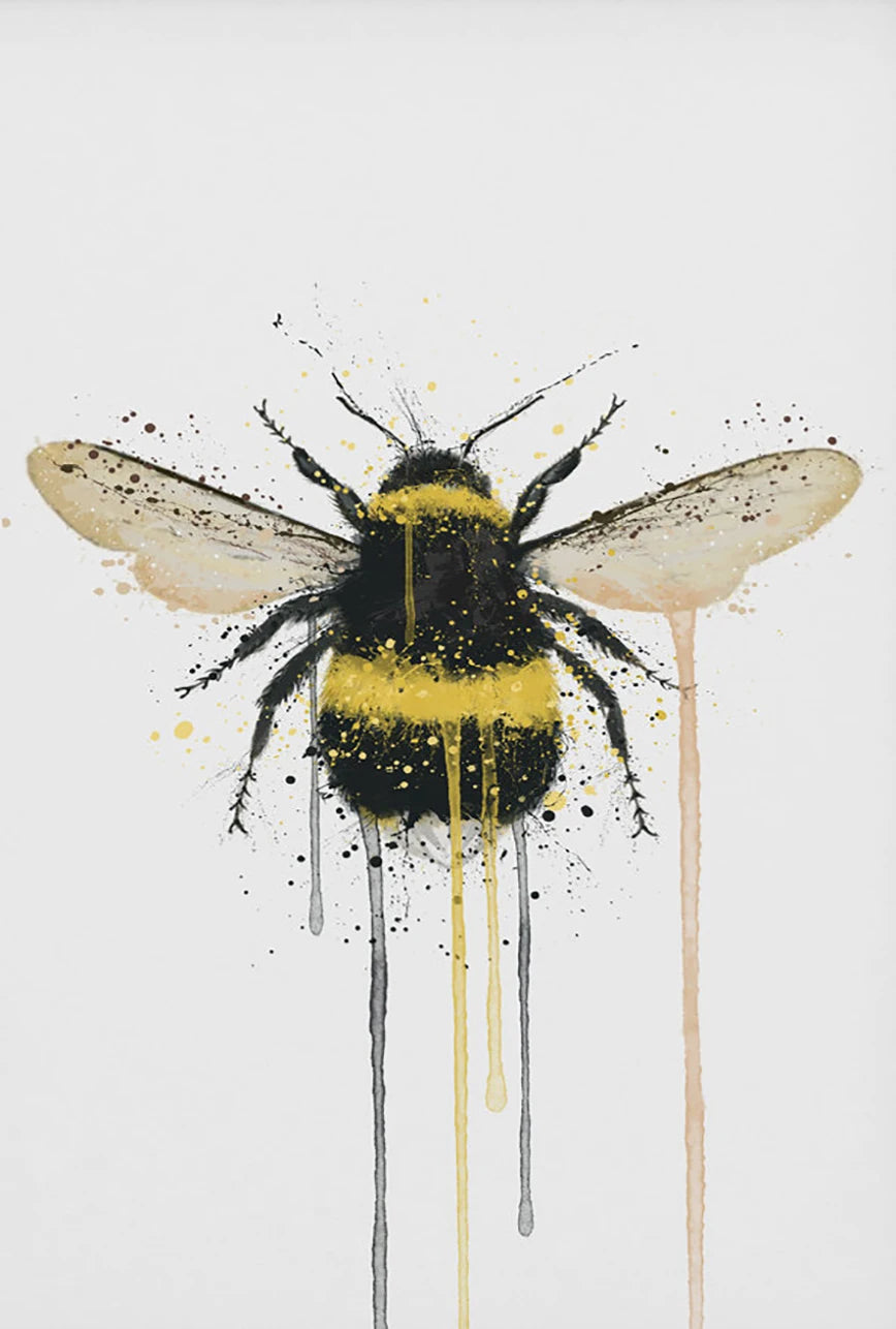 Artistic depiction of a bee with abstract paint strokes on a white background
