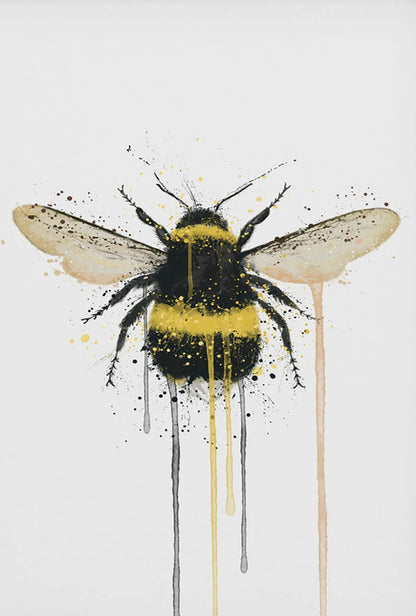 Artistic depiction of a bee with abstract paint strokes on a white background