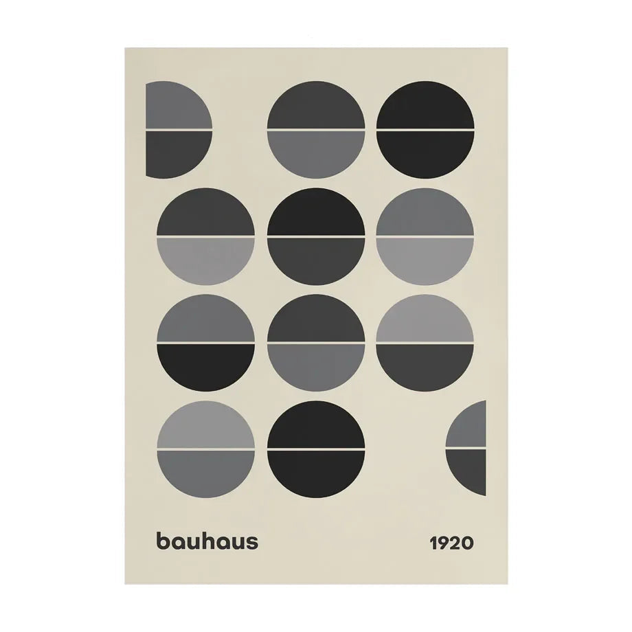 Poster with geometric circle design and 'bauhaus' and '1920' text on a beige background