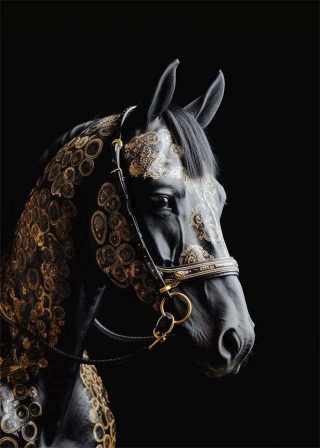 Horse head wearing an ornate bridle against a black background