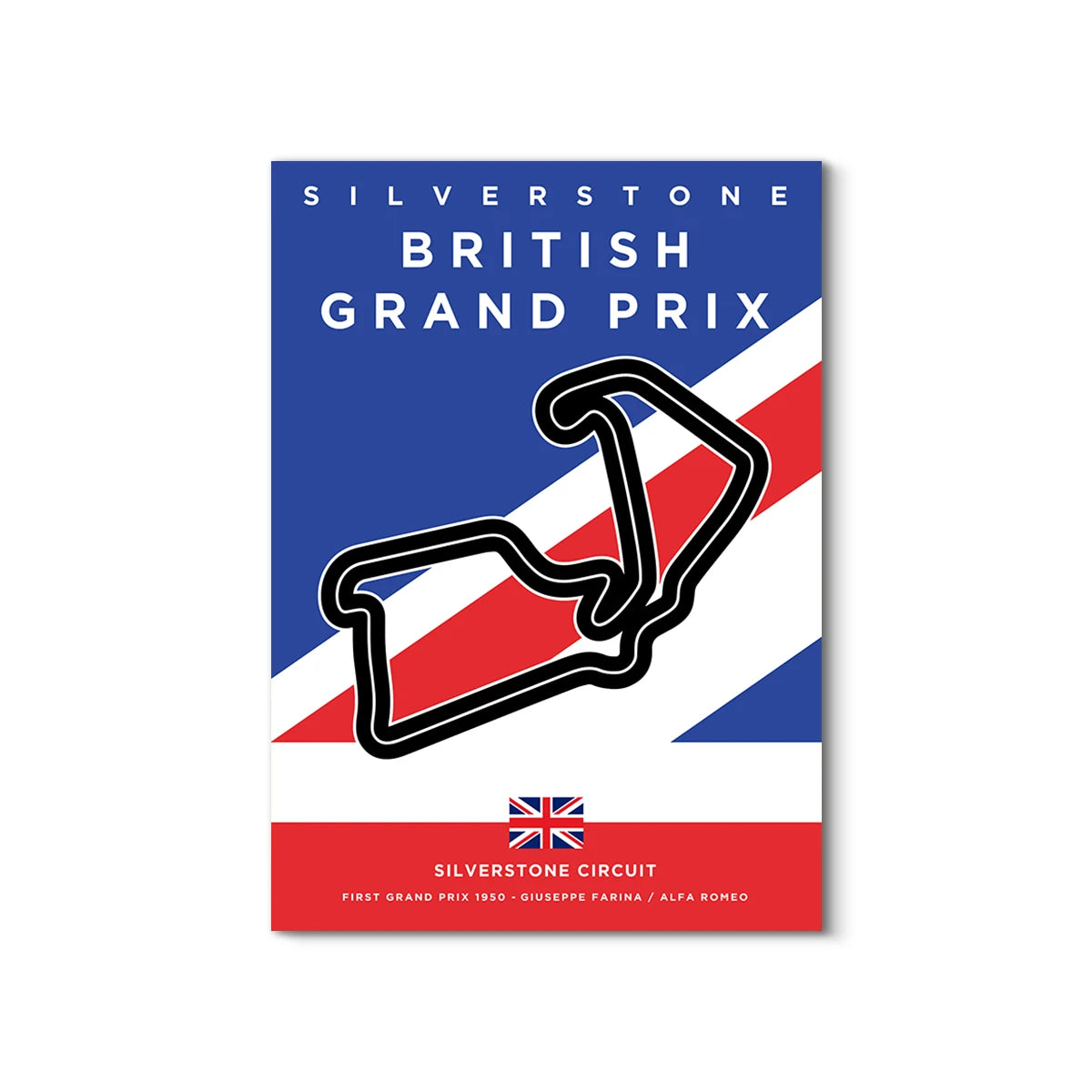 Poster of Silverstone British Grand Prix with circuit outline on a blue, white, and red background.