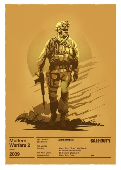 Poster of a soldier in tactical gear with 'Modern Warfare 2' branding on a brown background