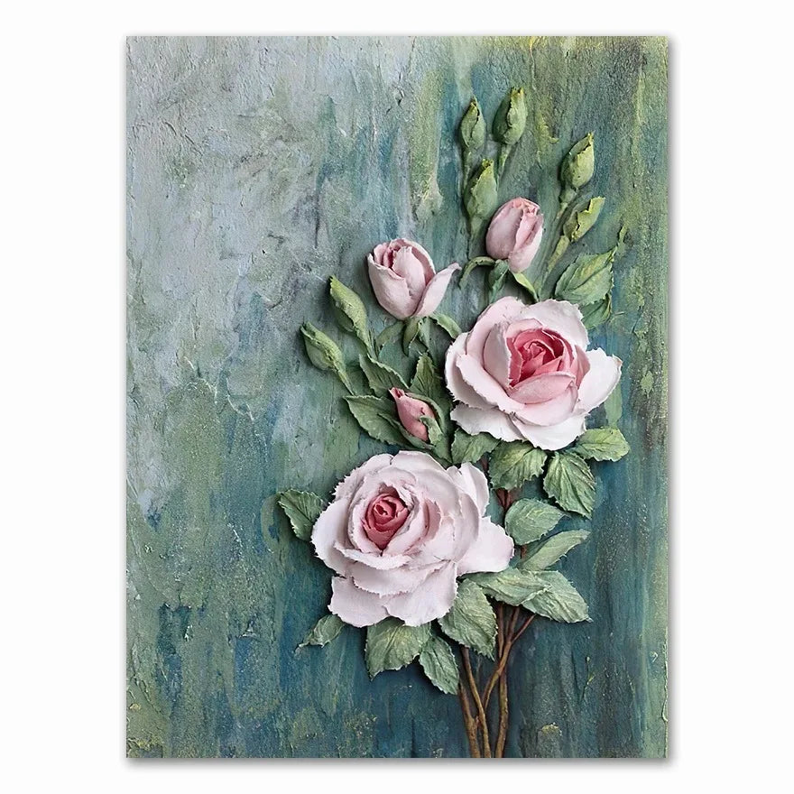 Artistic depiction of pink roses on a textured green and blue background
