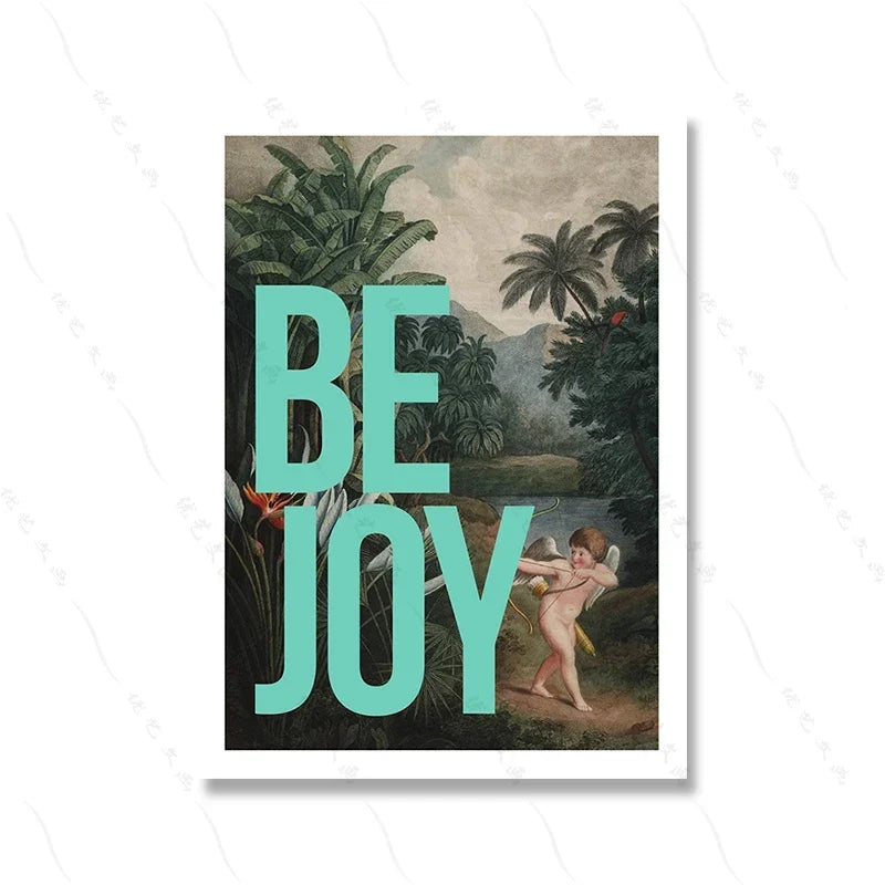 Vintage-style illustration with 'BE JOY' text overlay on a tropical scene.