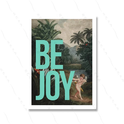 Vintage-style illustration with 'BE JOY' text overlay on a tropical scene.