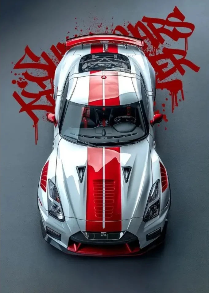 Top-down view of a white and red sports car with abstract red designs on a gray background