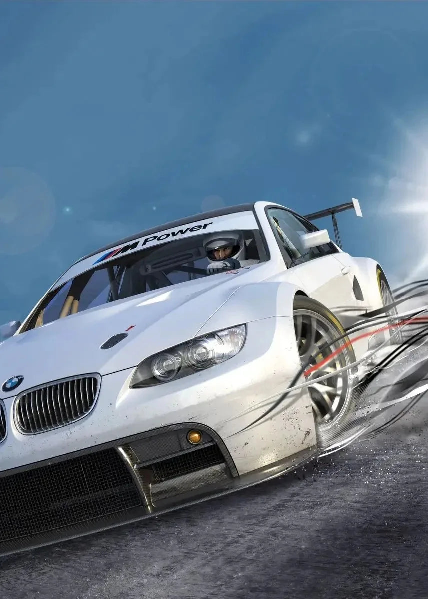 White racing car with 'Power' branding on a track