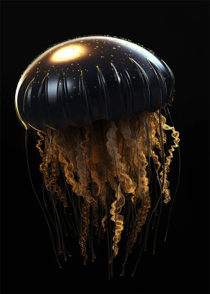 Black jellyfish with golden tentacles on a black background