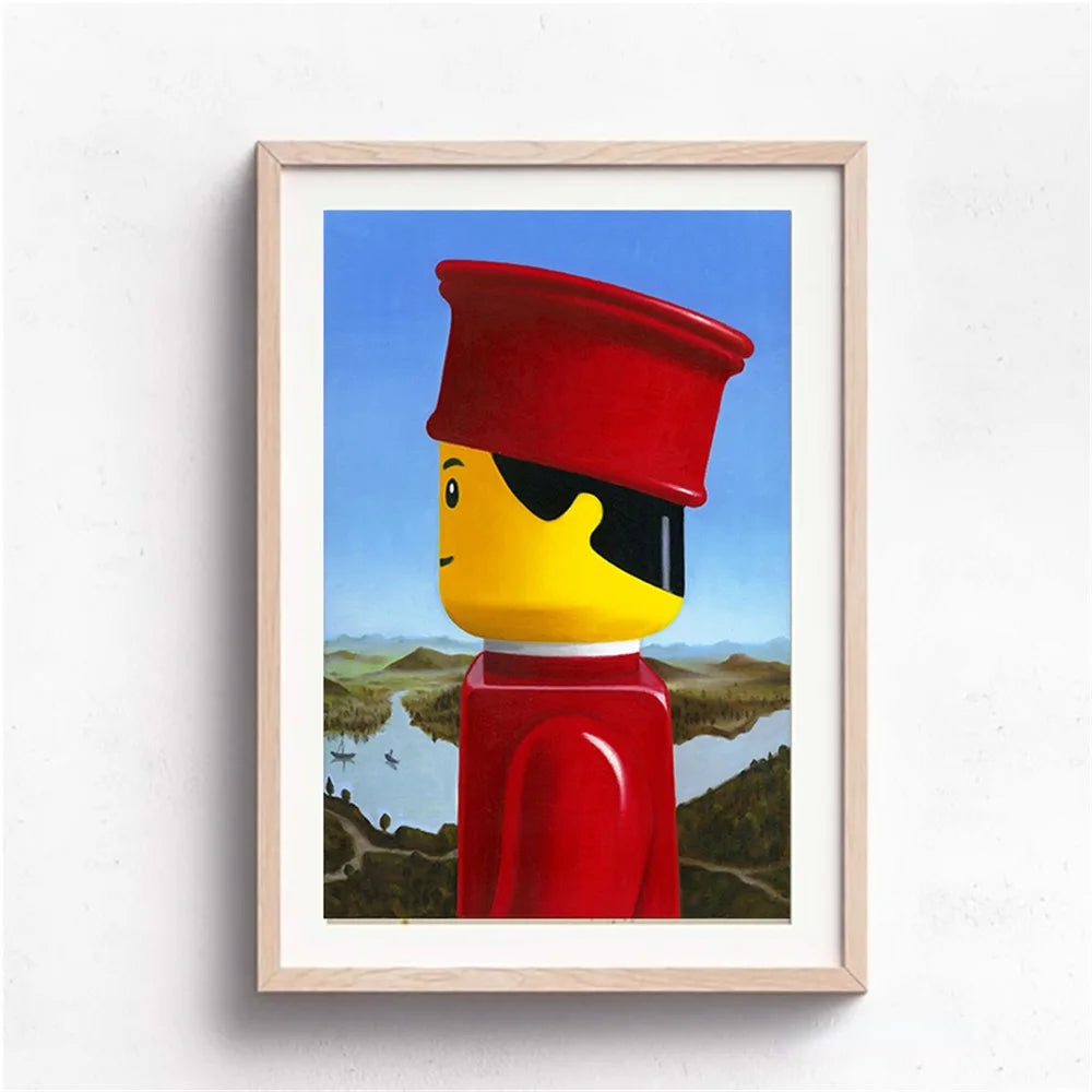 Framed artwork of a LEGO figure in front of a famous painting with a red hat.