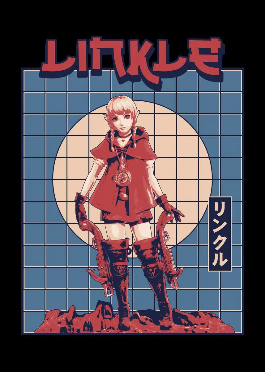 Character from 'Linkle' with a grid background and red text