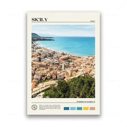 Poster of Sicily with a scenic view of a coastal city and ocean.