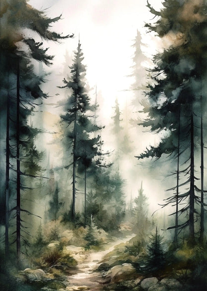 Painting of a forest with tall trees and a path