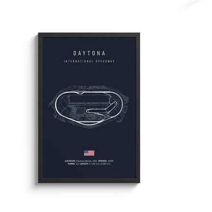 Framed poster of Daytona International Speedway layout on a dark blue background