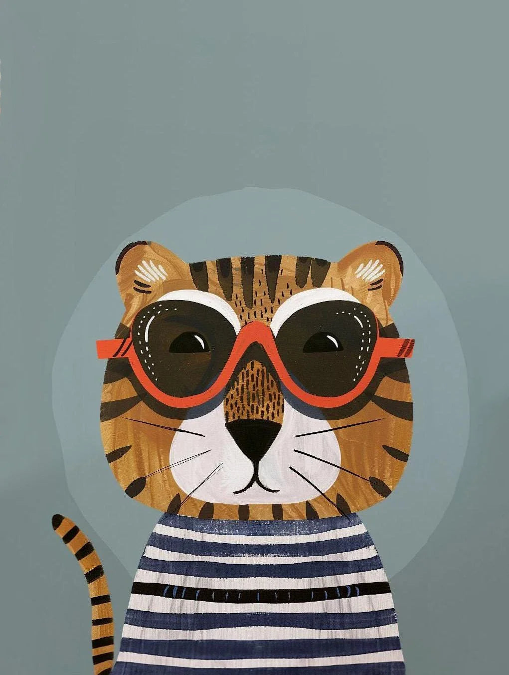 Illustration of a tiger wearing sunglasses and a striped shirt on a gray background