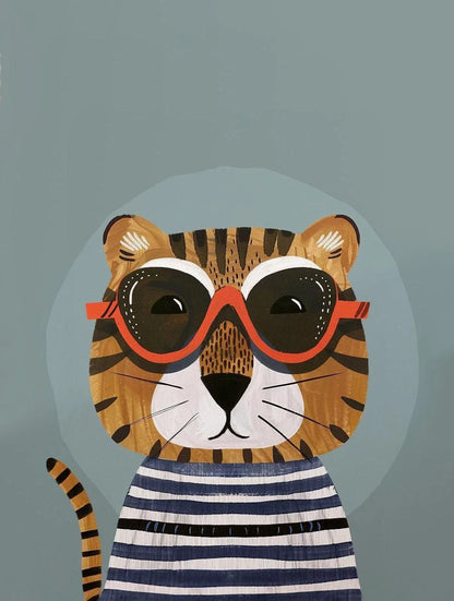 Illustration of a tiger wearing sunglasses and a striped shirt on a gray background