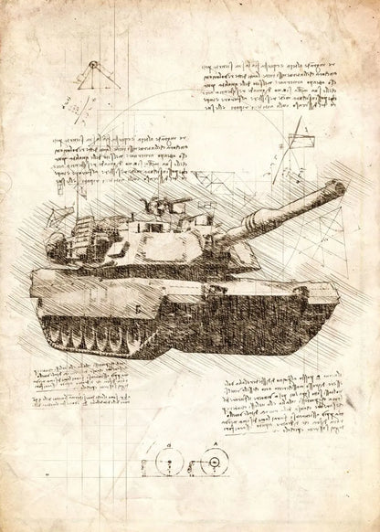 Technical drawing of a tank on a textured paper background