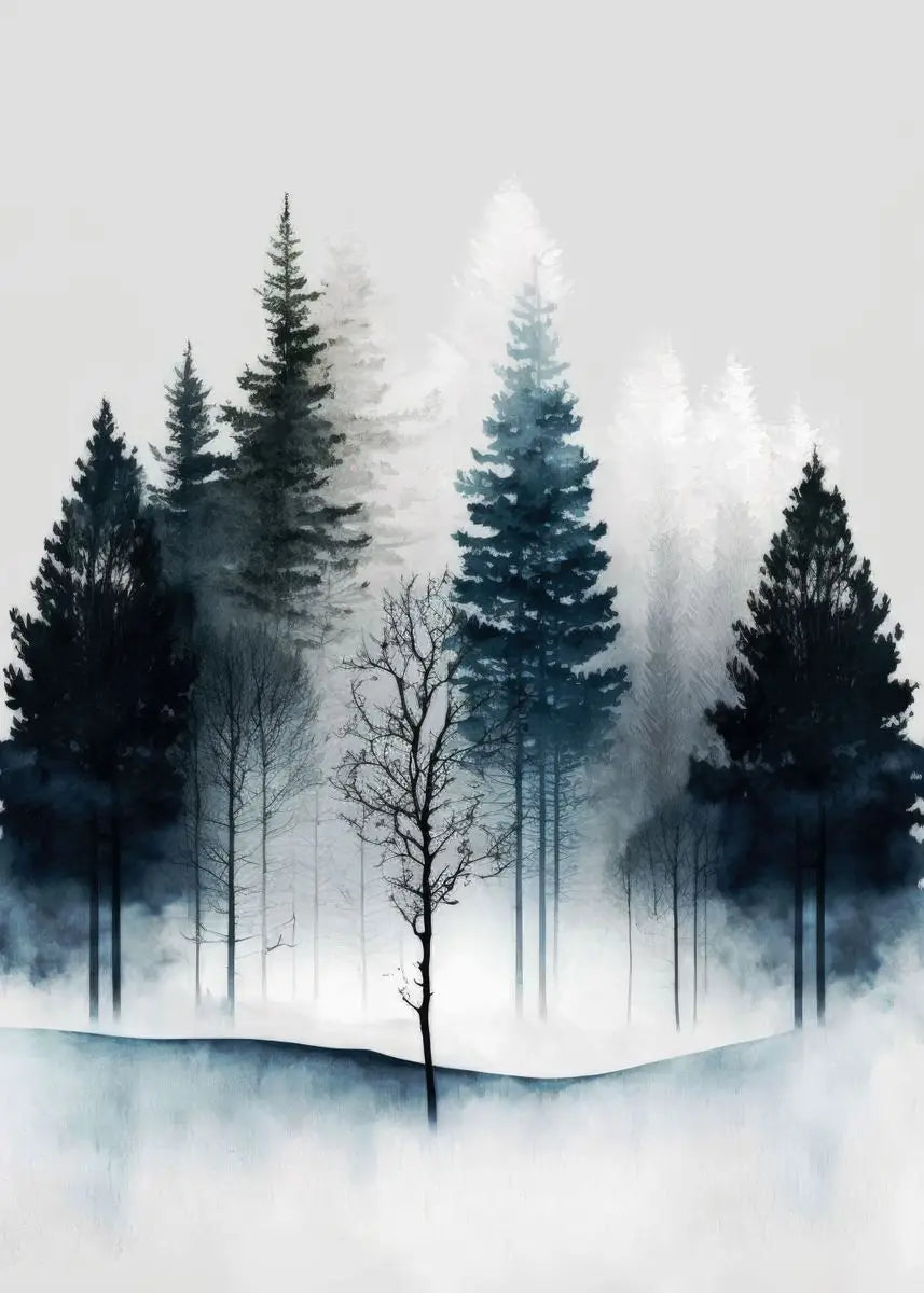 Foggy forest with tall trees on a misty day