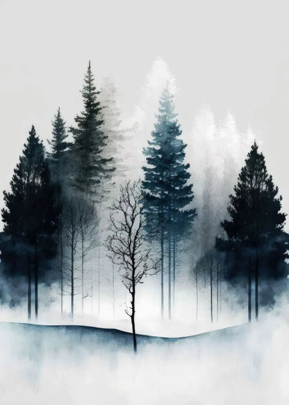Foggy forest with tall trees on a misty day