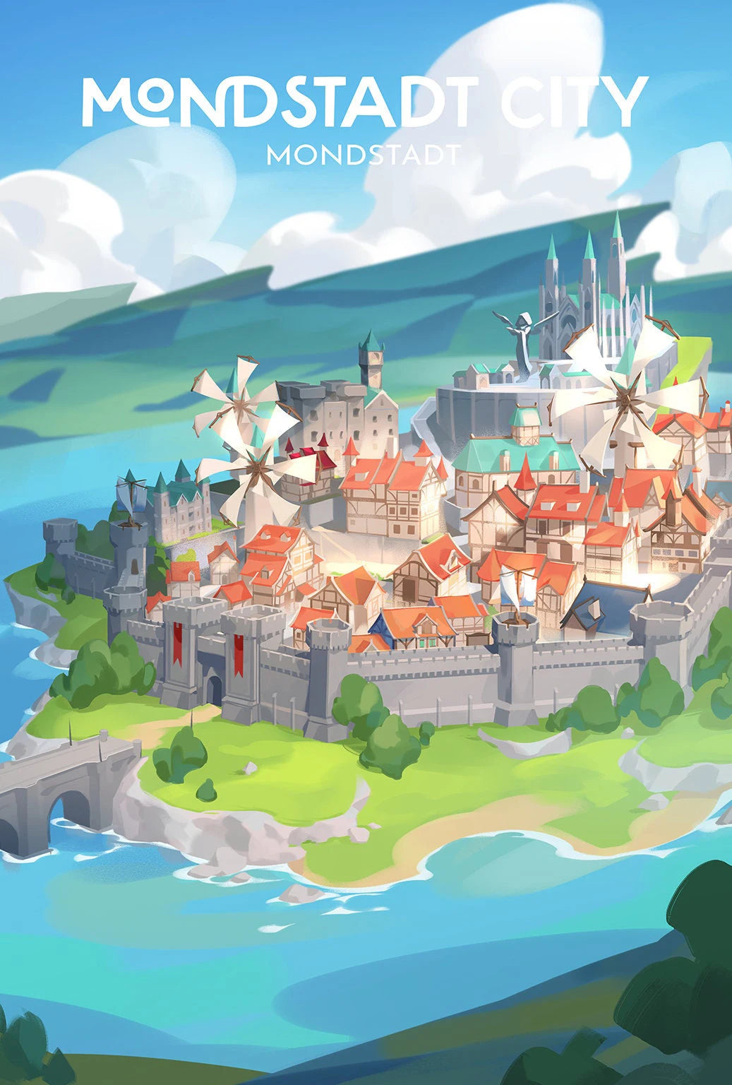 Illustration of a fantasy city named Mondstadt with a castle, windmills, and a lake.