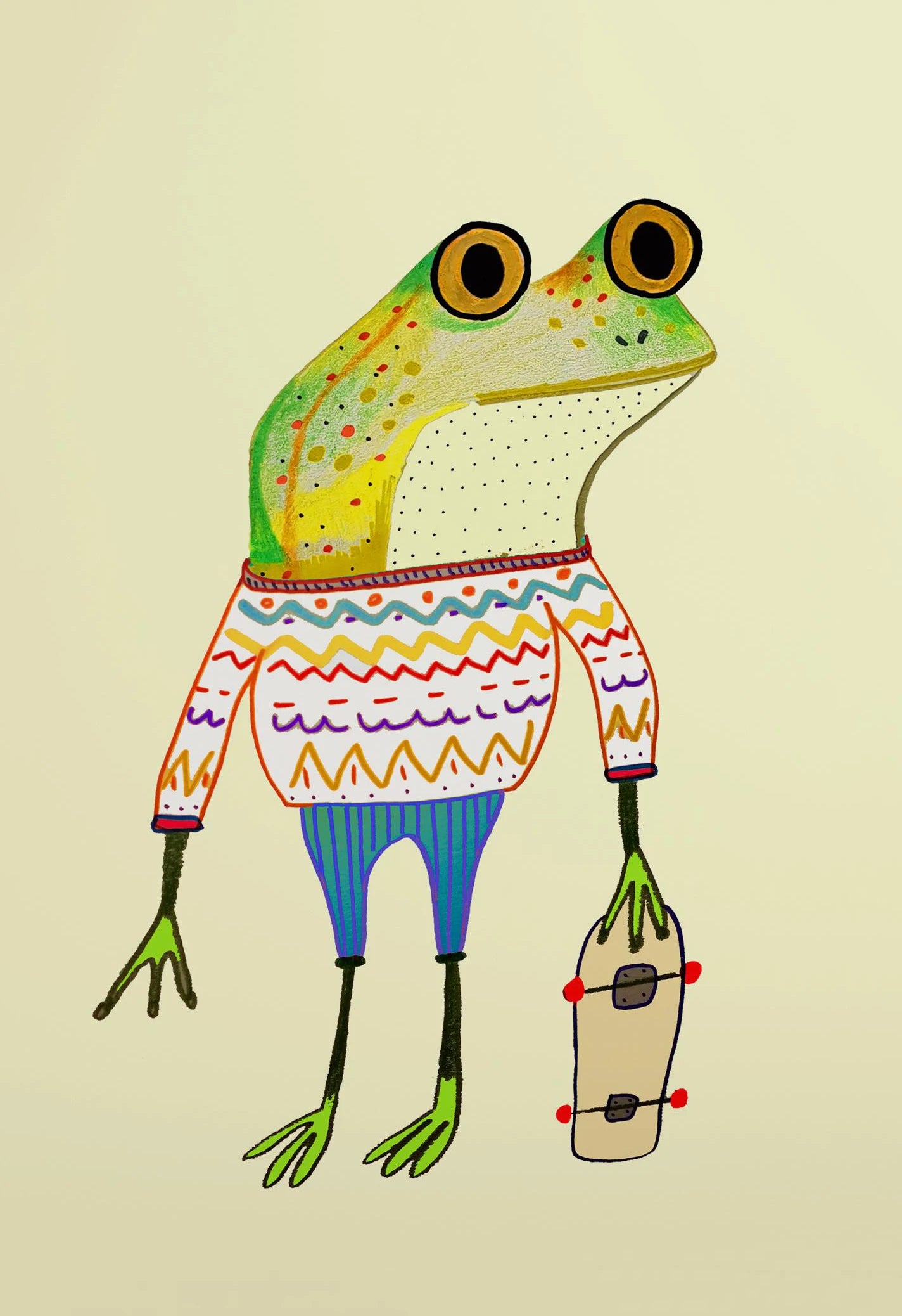 Colorful illustration of a frog wearing a sweater and holding a skateboard on a beige background