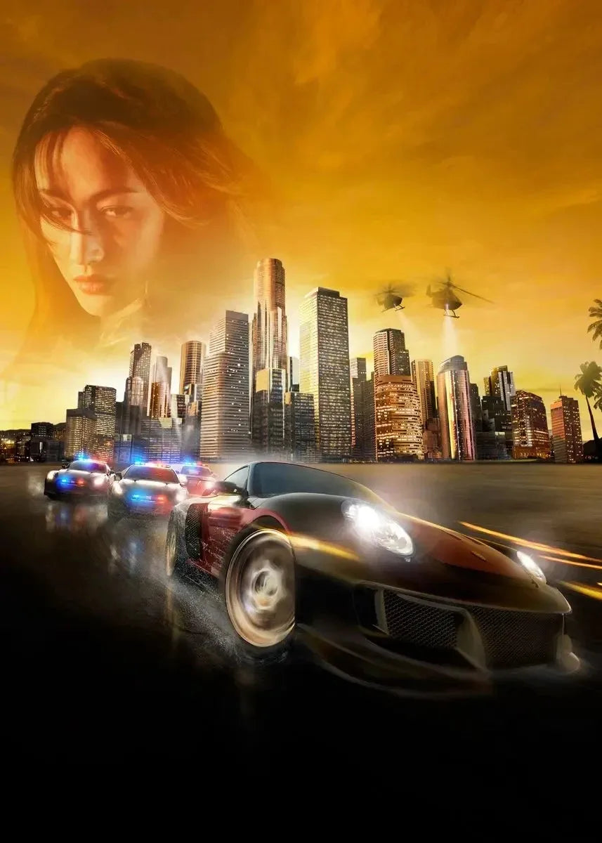 Car racing on a city street with a woman's face superimposed over the skyline.