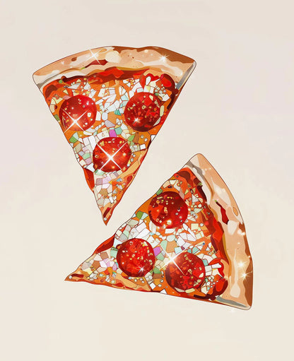 Two slices of pepperoni pizza on a beige background