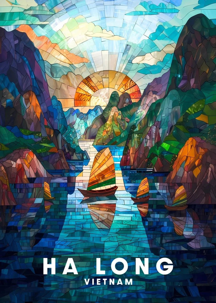 Colorful mosaic-style artwork of Ha Long Bay with boats and mountains.