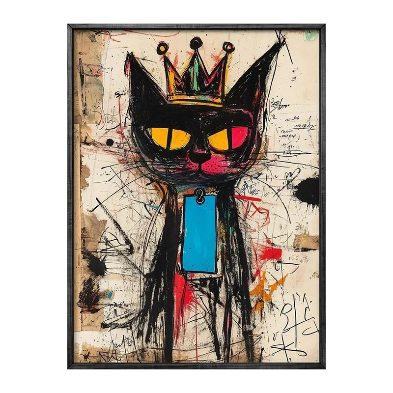 Abstract painting of a cat with a crown on a textured background