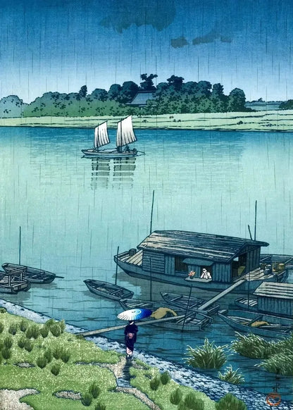 Traditional Japanese woodblock print of a river scene with boats and a person with an umbrella.
