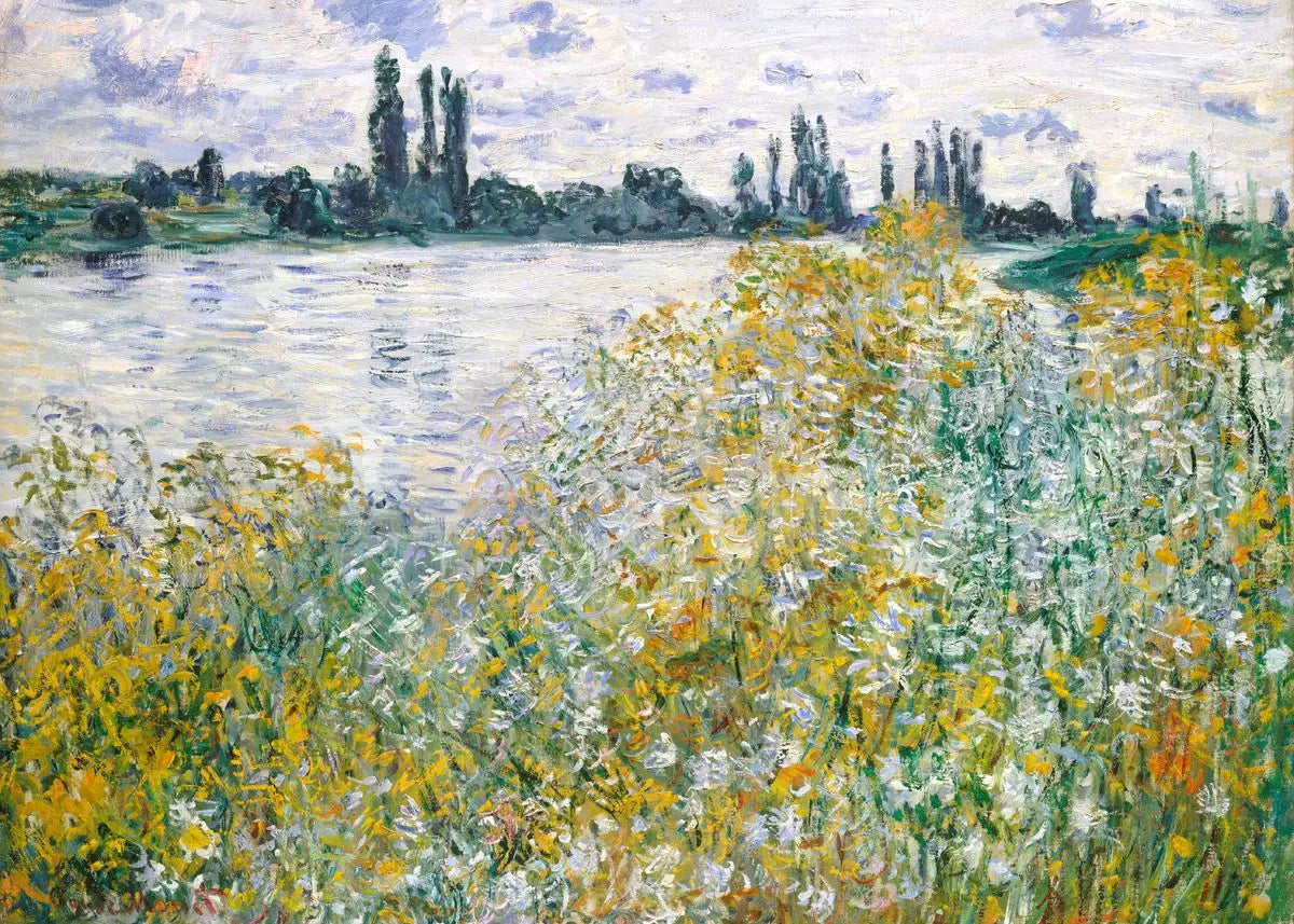 Painting of a landscape with flowers by a river