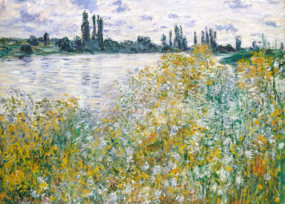 Painting of a landscape with flowers by a river