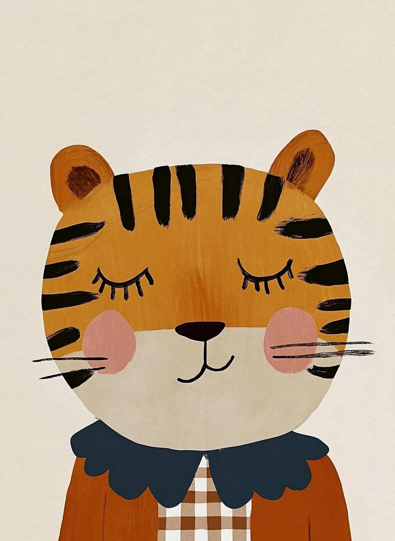 Illustration of a tiger with a plaid outfit on a beige background