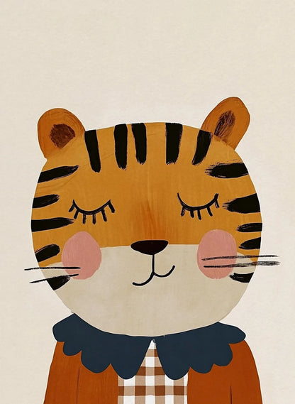 Illustration of a tiger with a plaid outfit on a beige background