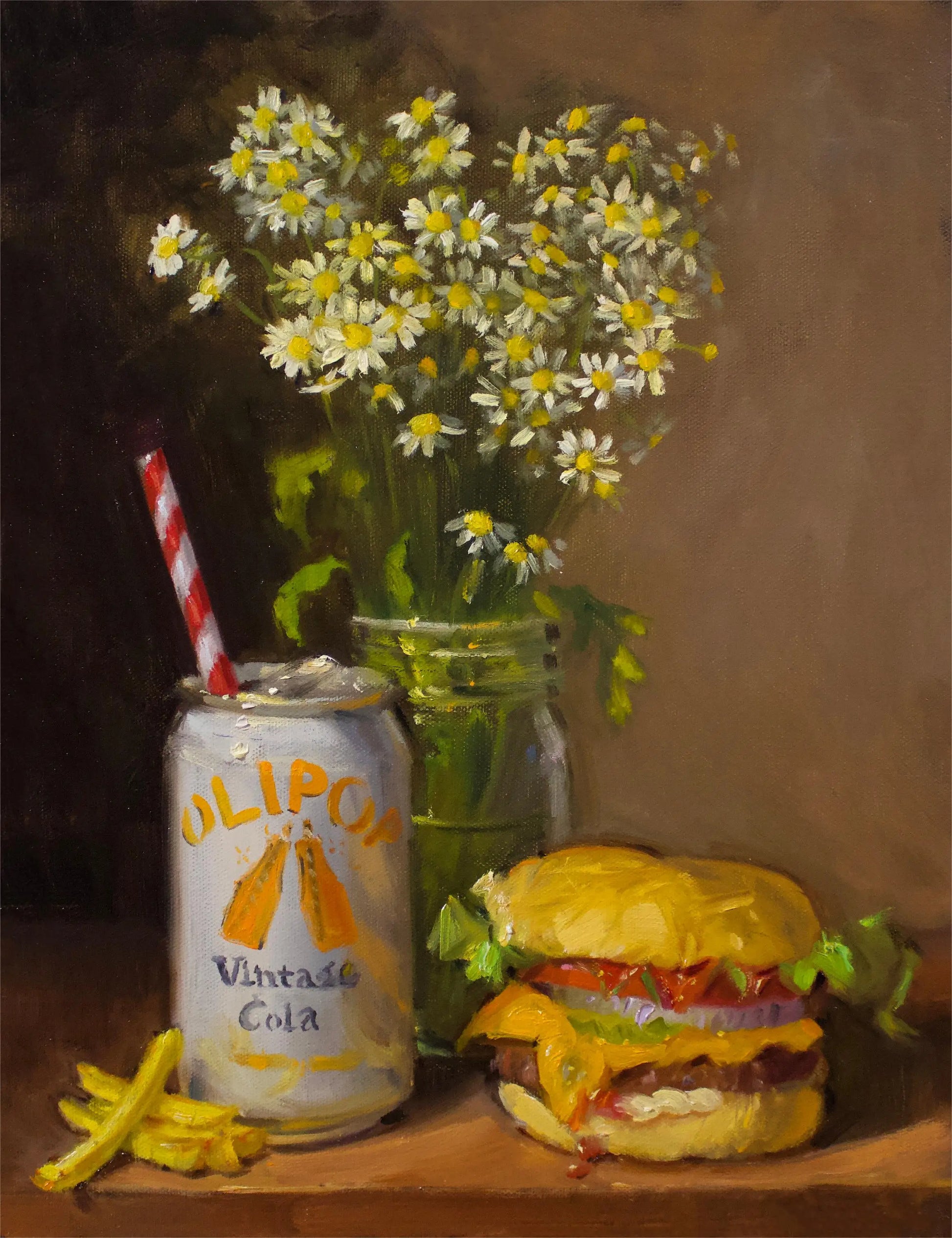 Still life painting with a burger, cola can, and flowers on a wooden surface.