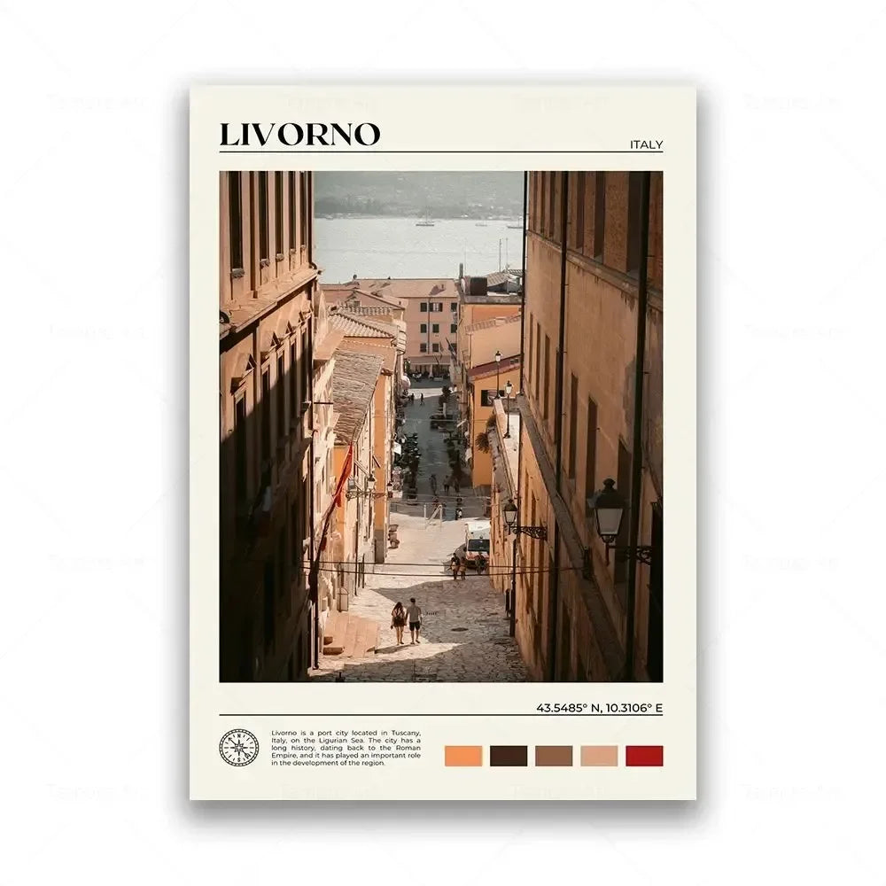 Poster of a street scene in Livorno, Italy with architectural details and people walking.