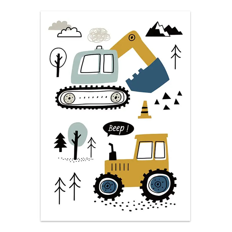 Children's illustration of construction vehicles and nature elements on a white background