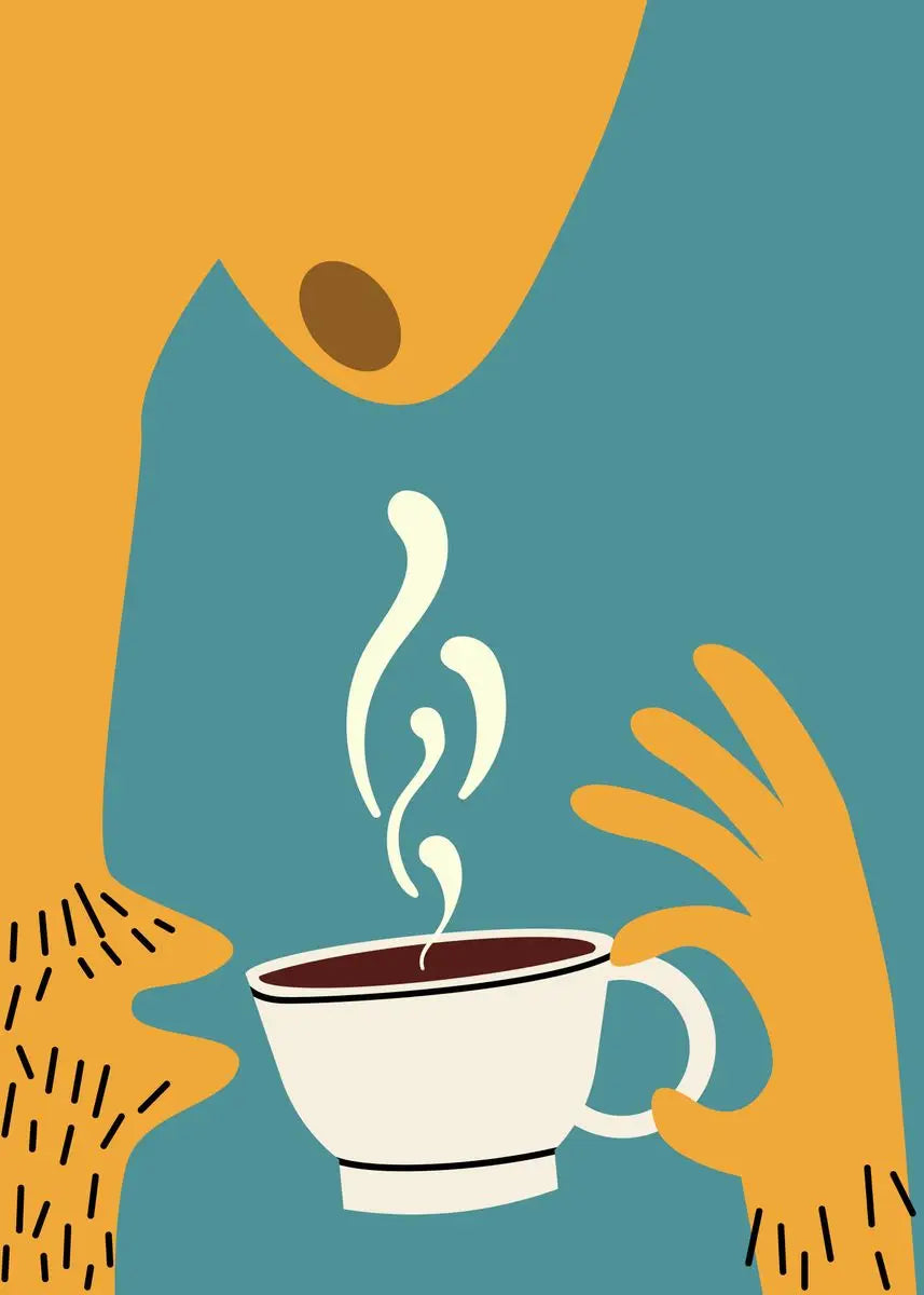 Illustration of a hand holding a steaming coffee cup against a blue background